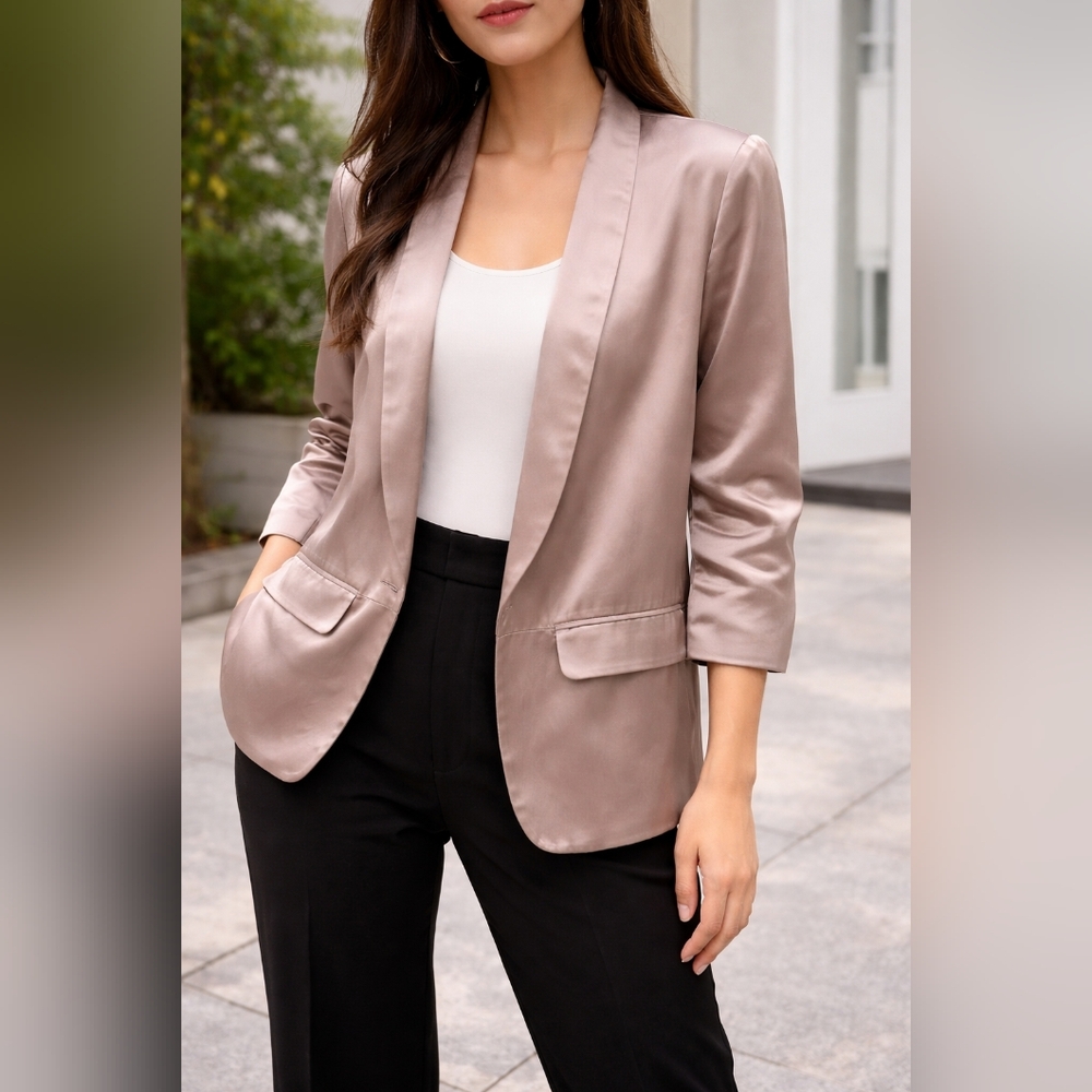 GO SILK 100% Silk Champagne Satin Blazer Open Front Luxe Minimalist Jacket